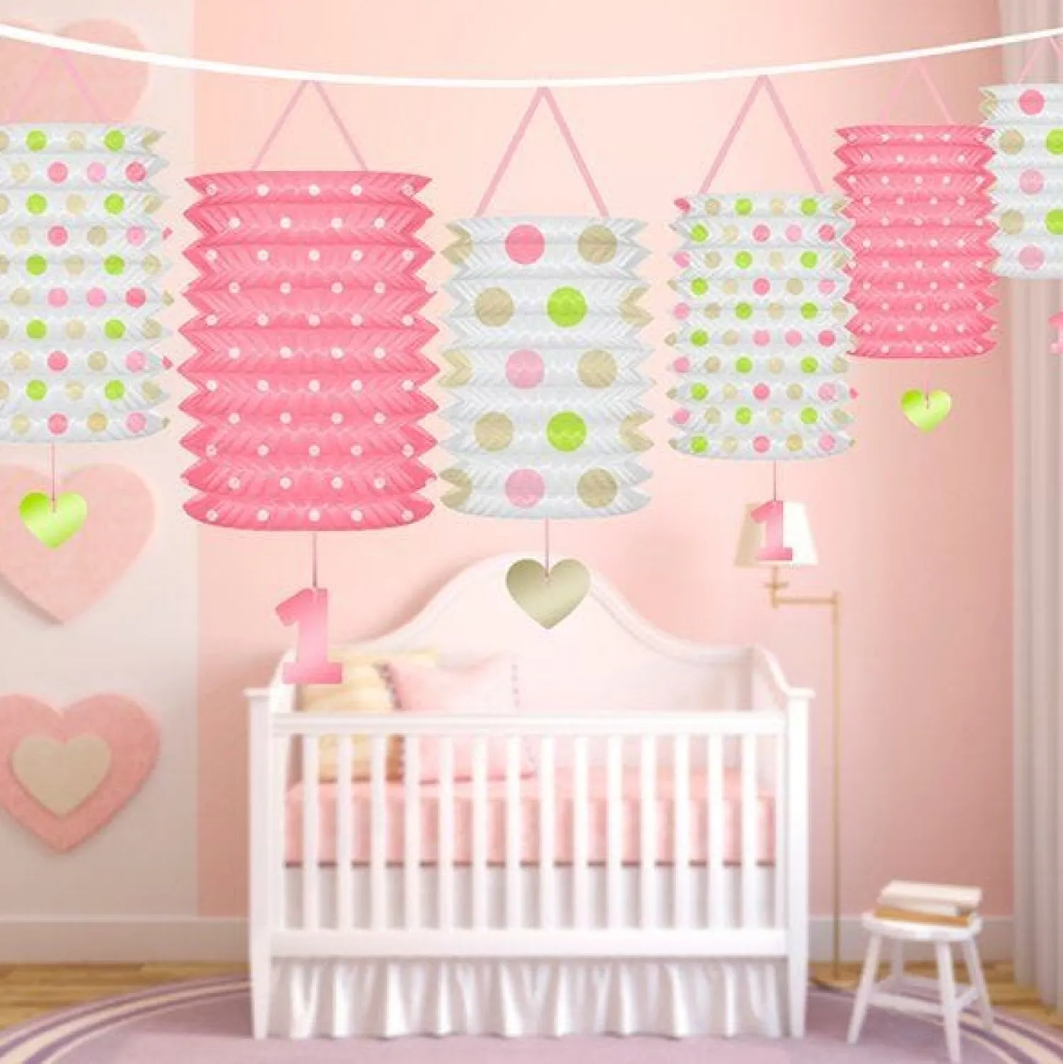 Party Delights 1St Birthday Pink Mix Lantern Garland - 3.6M< Hanging Decorations