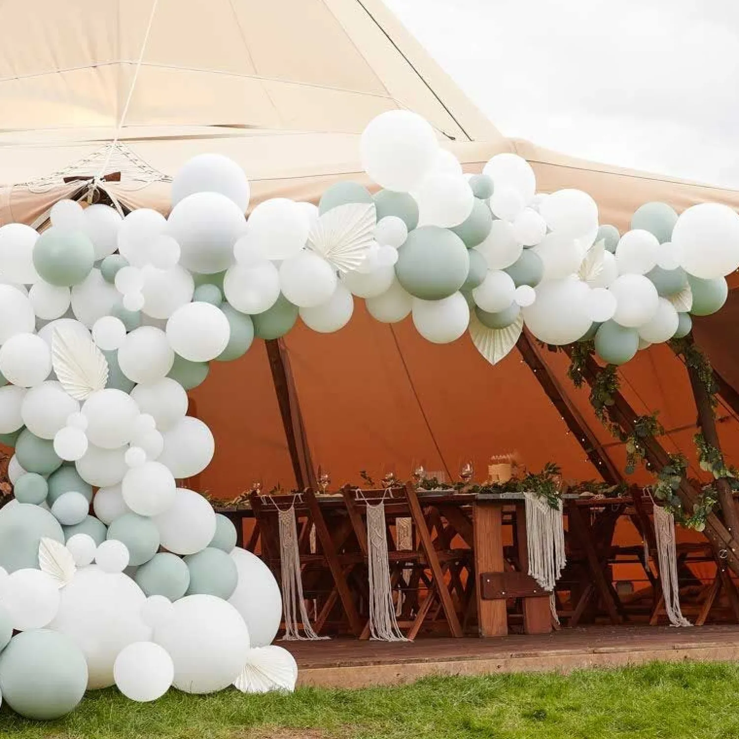 Party Delights White & Sage Balloon Arch With White Fans - 200 Balloons< Arches & Clouds