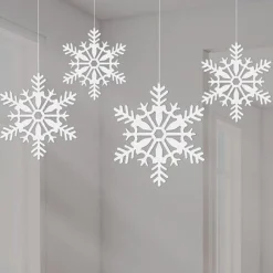 Party Delights White Glitter Snowflake Hanging Decorations - 10Cm (4Pk)< Hanging Decorations