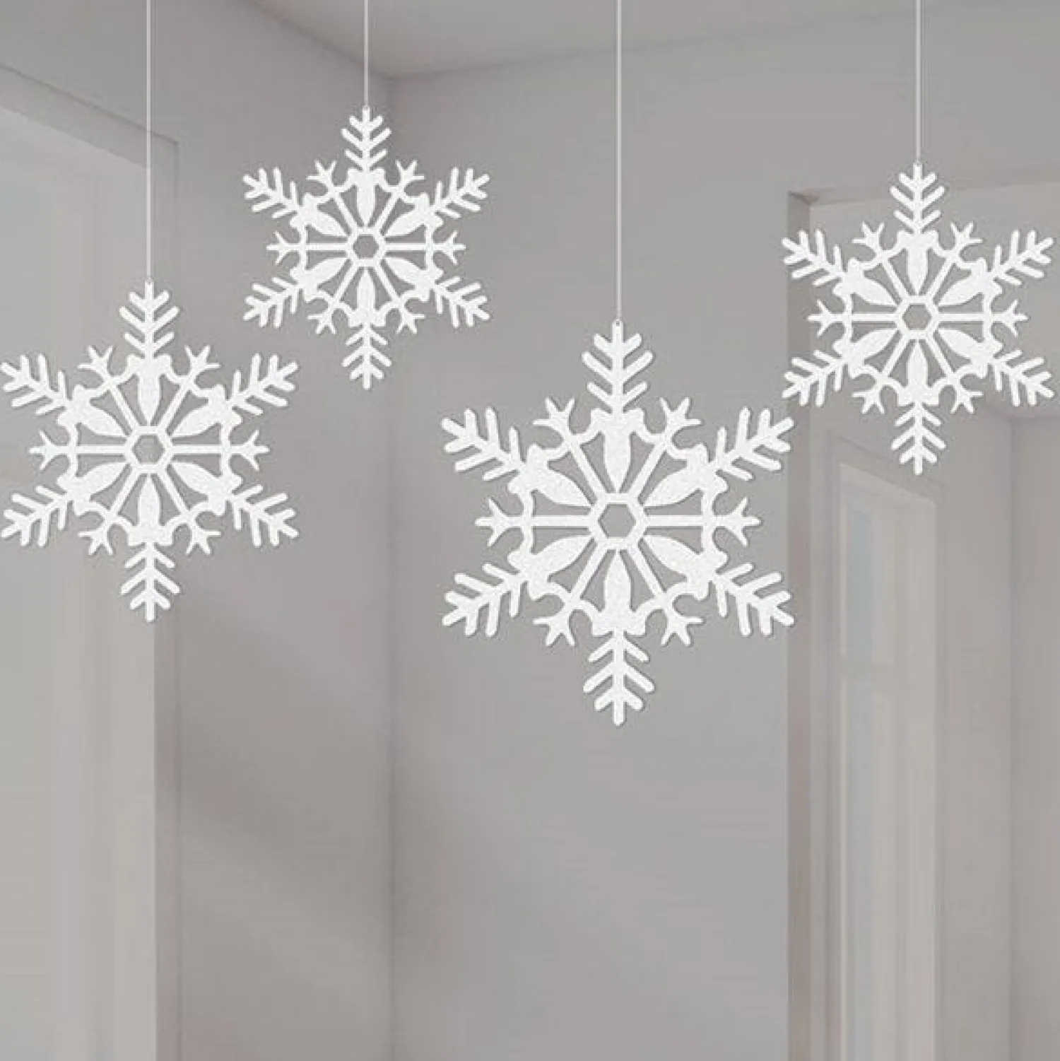 Party Delights White Glitter Snowflake Hanging Decorations - 10Cm (4Pk)< Hanging Decorations