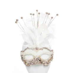 Party Delights White Masquerade Mask With Sequins, Glitter & Feathers< Masks