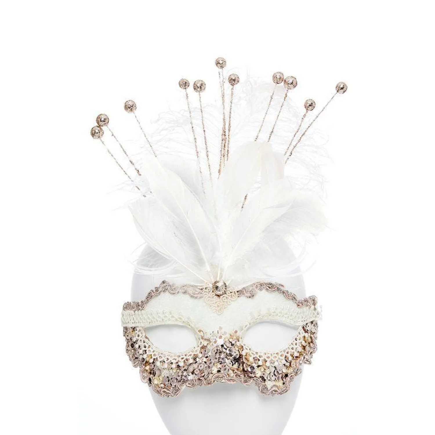 Party Delights White Masquerade Mask With Sequins, Glitter & Feathers< Masks