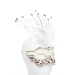 Party Delights White Masquerade Mask With Sequins, Glitter & Feathers< Masks