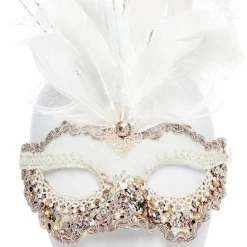 Party Delights White Masquerade Mask With Sequins, Glitter & Feathers< Masks