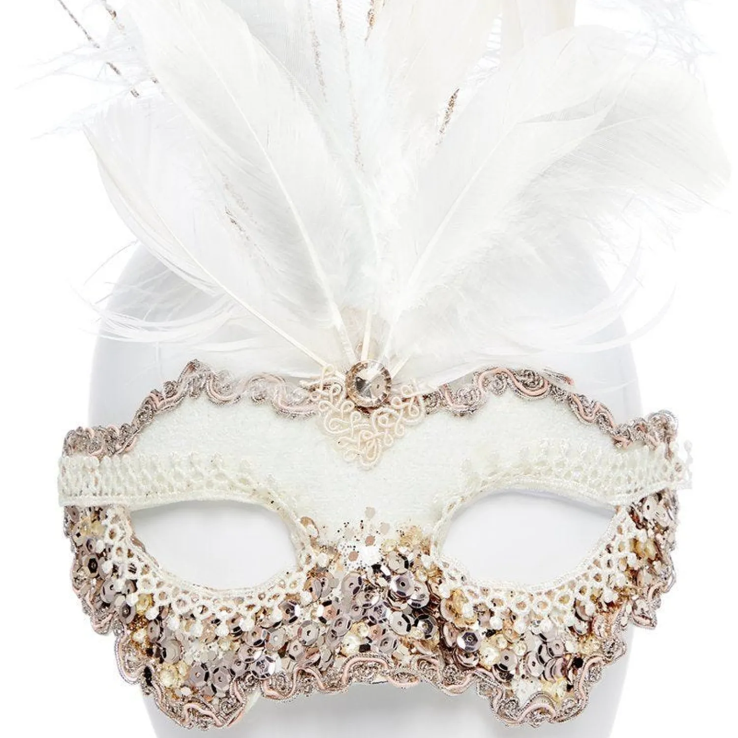 Party Delights White Masquerade Mask With Sequins, Glitter & Feathers< Masks