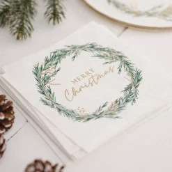 White Merry Christmas Wreath Paper Napkins - 33Cm (16Pk)<Party Delights Online