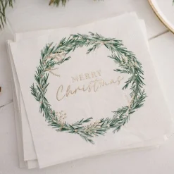 White Merry Christmas Wreath Paper Napkins - 33Cm (16Pk)<Party Delights Online