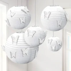 Party Delights White Paper Lanterns With Butterfly Attachments (5Pk)< Hanging Decorations